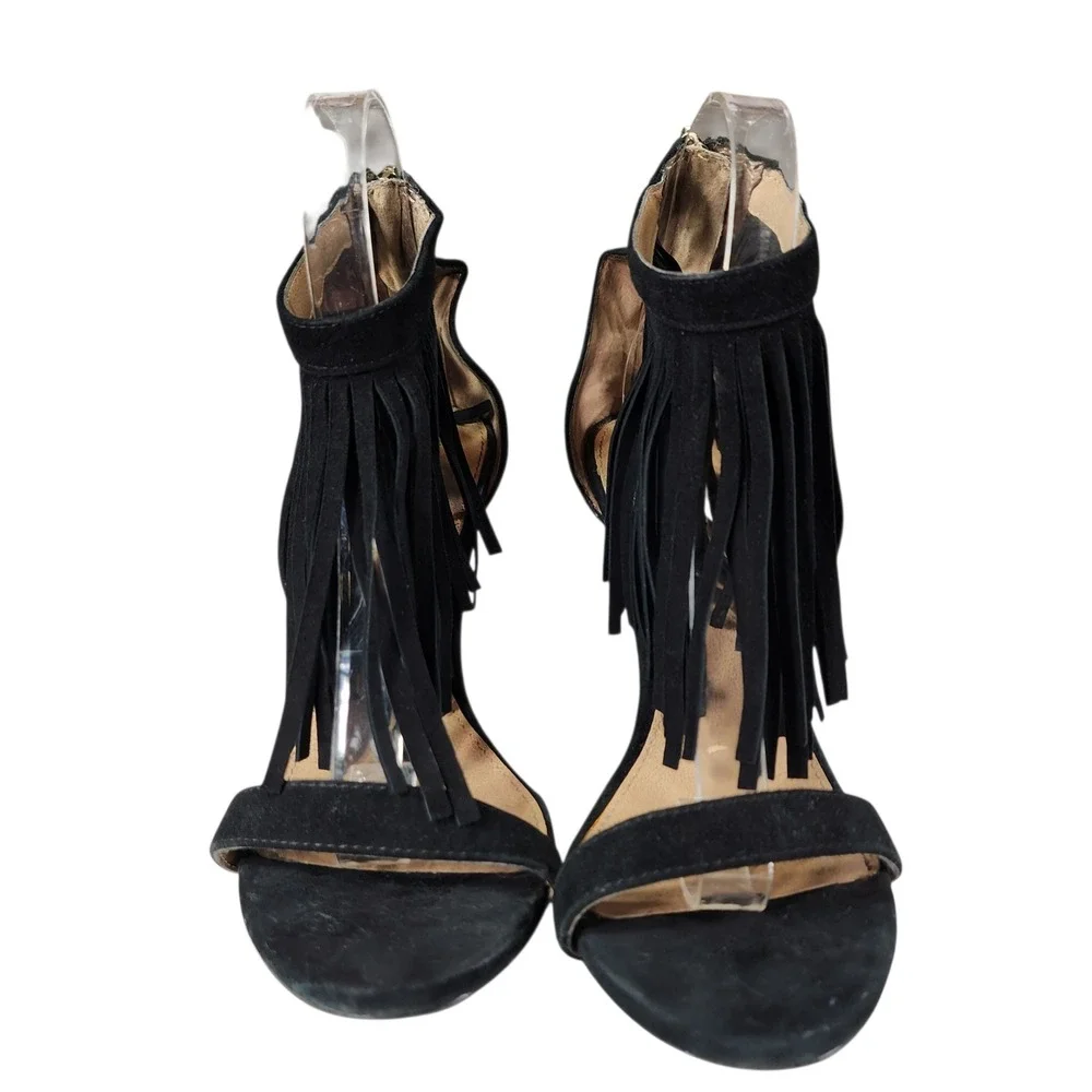 Steve Madden Fringe Stiletto Heel 7.5M Women Staarz Black Suede Ankle Strap Zip‎